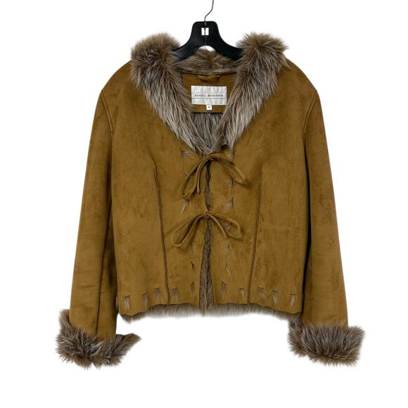 Vintage Daniel Benjamin Tan Suede Faux Fur Lined Tie Front Jacket Womens Medium - Picture 1 of 7